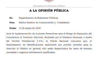 SE COMUNICA A LA CIUDADANIA QUE EL DPTO. DE IDENTIFICACIONES CIERRA SUS PUERTAS AL PÚBLICO EN CUMPLIMIENTO AL DECRETO DEL PODER EJECUTIVO N° 3442/2020