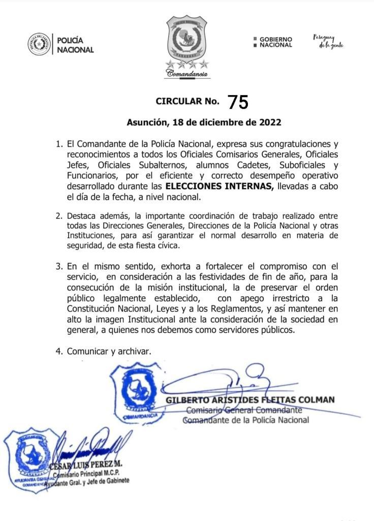 Mensaje de Reconocimiento y Congratulación al Personal Policial, de